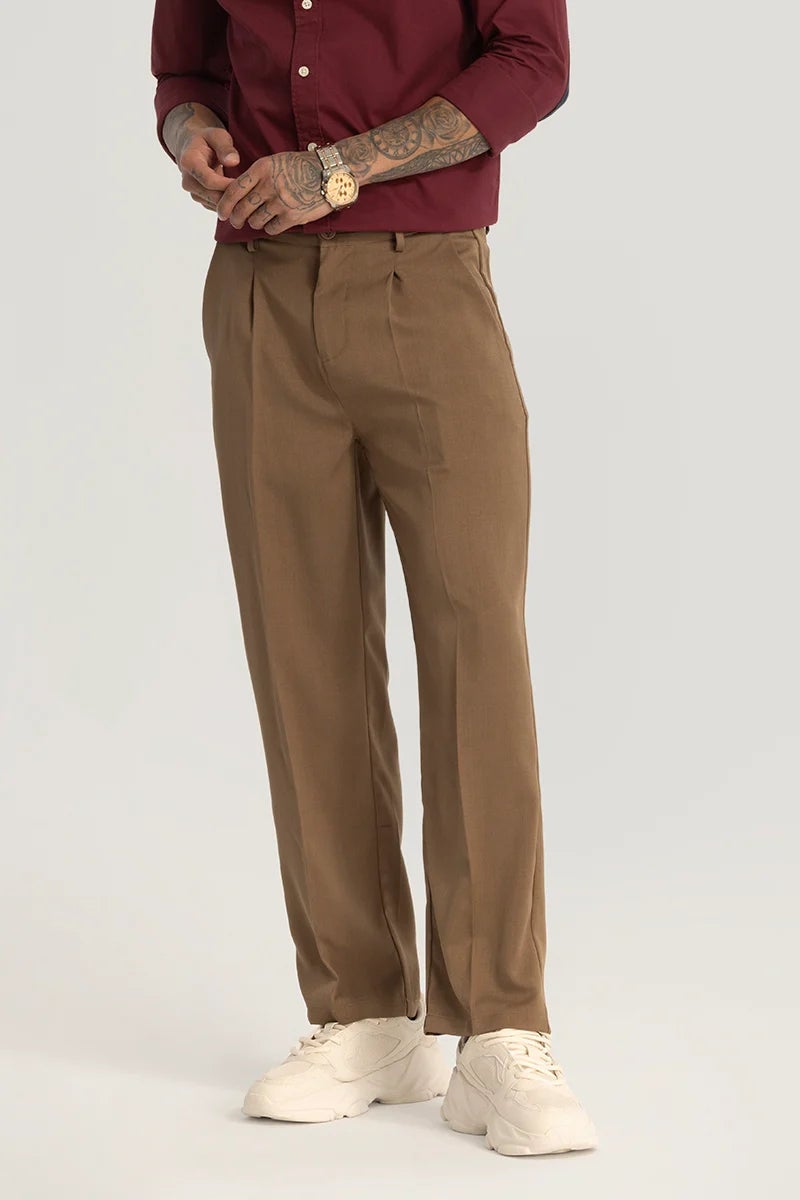 SNITCH Brown Plain Relaxed Fit Trousers - Image 5